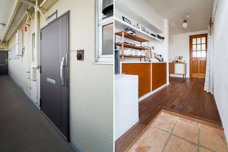 <b>左・</b>ご紹介する住戸は最上階の12階に所在。／<b>右・</b>扉を開けると、広々とした玄関ホールがお出迎え。