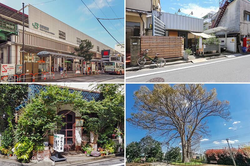 <b>左上・</b>最寄りの「西荻窪」駅は、中央線の快速で新宿まで一本でアクセス可能（土日・祝日は各停）。北口には24時間営業のスーパー「西友 西荻窪店」が直結しています。／<b>右上・</b>昭和の空気感を今に伝える純喫茶「どんぐり舎」。自家焙煎のコーヒーが評判です。（徒歩５分）／<b>左下・</b>「NEWBURY CAFE（ニューベリーカフェ）」は日替わりのフードメニューが充実。天気がいい日はテラス席で、クラフトビールもあわせて楽しんでみて！（徒歩５分）／<b>右下・</b>「坂の上のけやき公園」のケヤキは、以前はジブリ映画にちなんで「トトロの樹」と呼ばれていたそう。伐採の危機もありましたが、住民の署名活動により公園として残され、今でも地元の人々に愛されています。（徒歩４分）