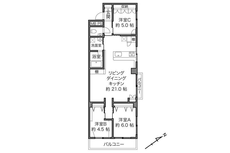 専有面積約72㎡のファミリーサイズ。南東・北東向きで窓の多い角住戸です。