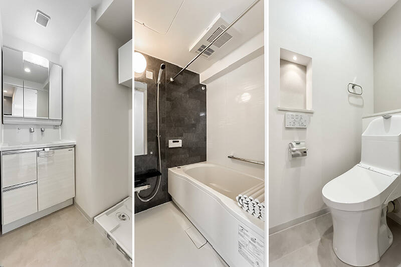 <b>左・</b>シンプルな洗面室。／<b>中央・</b>バスルームは浴室乾燥機付き。／<b>右・</b>トイレは廊下沿いに。気の利いたニッチ収納が備わっています。