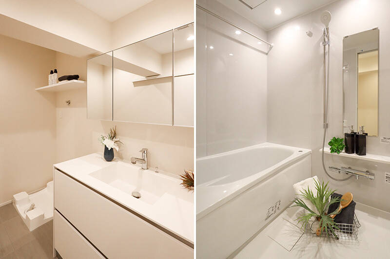 <b>左・</b>ワイドな洗面台。／<b>右・</b>バスルームは浴室乾燥機付き。