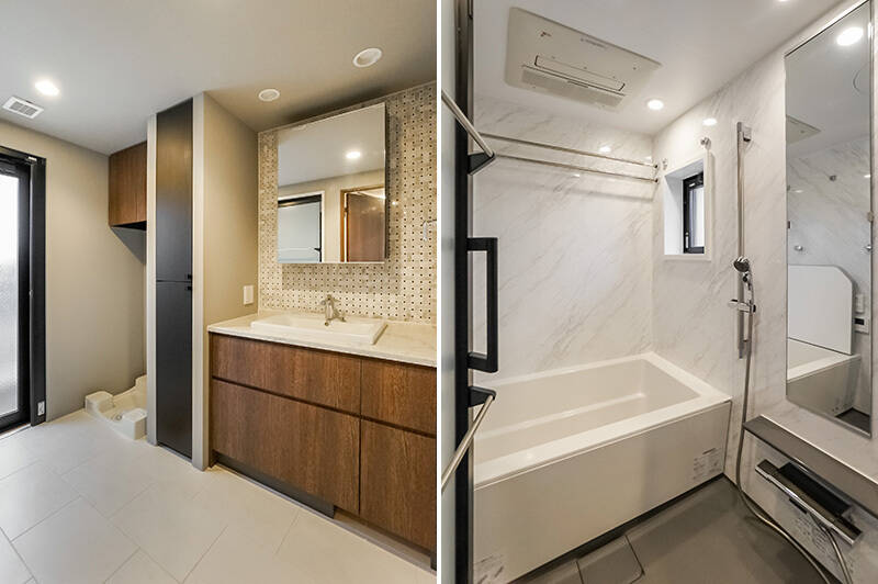 <b>左・</b>ミラーキャビネット付きの洗面台。お隣にはリネン庫も。／<b>右・</b>浴室暖房乾燥機はもちろん、なんとミストサウナ機能まで付いた浴室♡ 扉にタオルバーが２段あるのも◎
