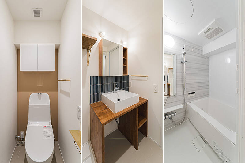 <b>左・</b>トイレは廊下からアクセスする間取り。／<b>中央・</b>洗面台は木とタイルを組み合わせたデザイン。／<b>右・</b>浴室乾燥機・追焚き機能付きのバスルーム。