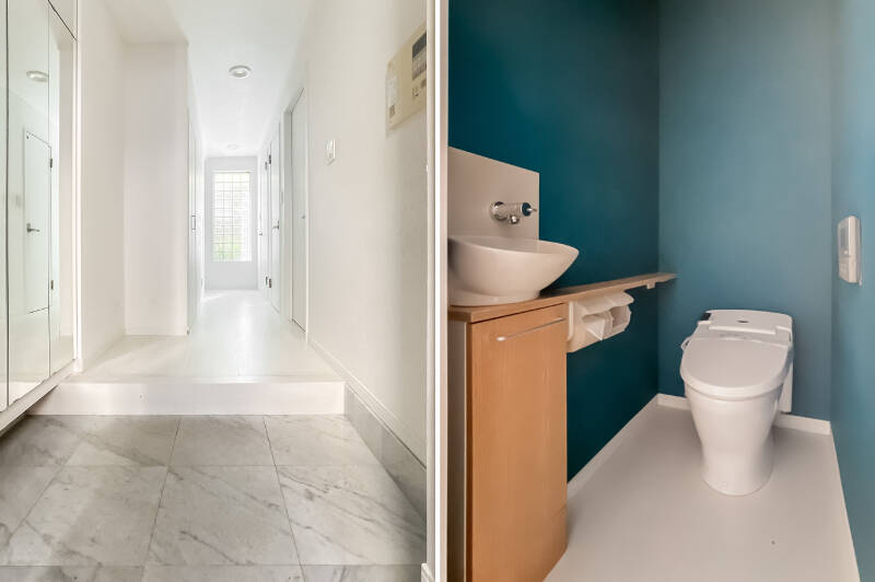 <b>左・</b>突き当たりの窓から光が差す、明るい玄関まわり。廊下にはシューズボックスのほかにも、収納が２か所に備わっています。／<b>右・</b>独立手洗い器付きのトイレ。