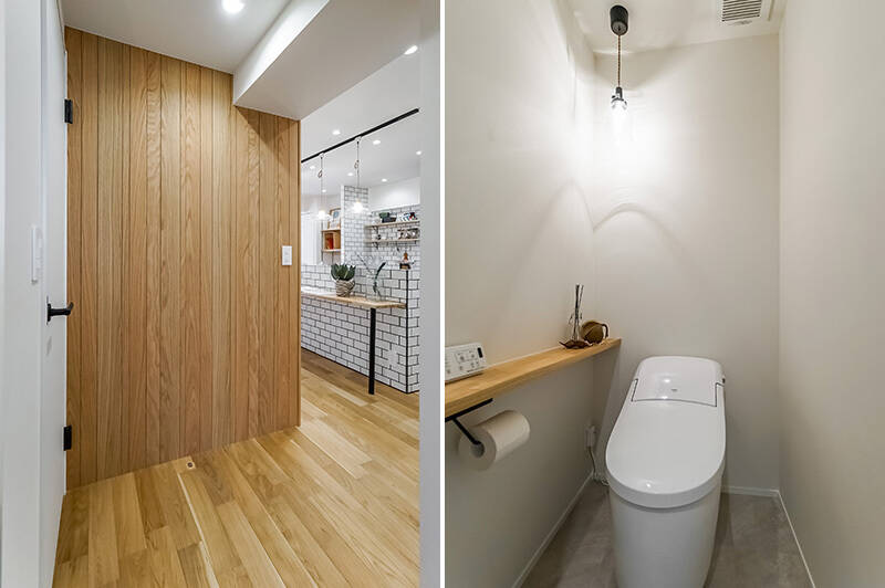 <b>左・</b>木の温かみを感じる壁の右側がLDK。扉がなく、開放的な玄関廊下です。／<b>右・</b>手洗い器の横にはトイレも。