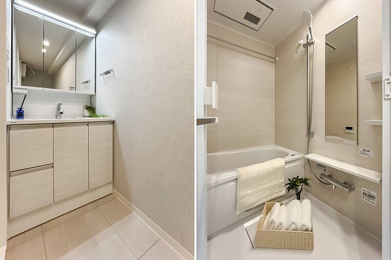 <b>左・</b>シンプルな洗面室。／<b>右・</b>バスルームは浴室換気乾燥暖房気付きです。