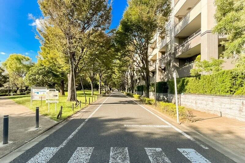 あえて “徒歩” を選択したくなる道のり。左手に「野川緑地広場」、右手にご紹介するマンションがあります。