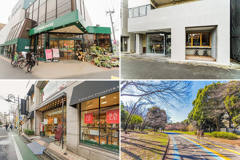 <b>左上・</b>最寄りのスーパーは良質な品揃えが定評の「紀ノ国屋 等々力店」。（徒歩４分）／<b>右上・</b>特別な日のケーキを買いたい「P TISSERIE ASAKO IWAYANAGI（パティスリ アサコ イワヤナギ）」。おしゃれなお菓子は手土産にぴったりです。特にパフェメニューが人気です！（徒歩15分）／<b>左下・</b>インテリアショップ「TIMELESS COMFORT（タイムレス コンフォート）自由が丘店」にはおしゃれな日用品や調理用品が揃います。新生活アイテムがまとめて揃いそう♪（徒歩14分）／<b>右下・</b>休日は「駒沢オリンピック公園」にお出かけするのもおすすめ。気持ちよく整備されたジョギングコースやサイクリングコースがあり、お子さま用の遊具も充実。更にはドッグランまで！ ご家族みんなでリフレッシュできる公園です。（徒歩17分）