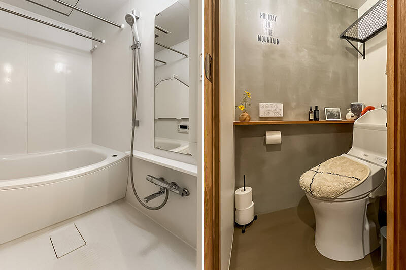 <b>左・</b>浴室乾燥機付きのバスルーム。／<b>右・</b>塗装壁や飾り棚がかわいいトイレ。