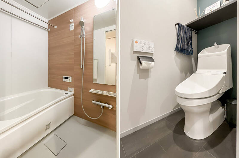 <b>左・</b>木目調の浴室は1317サイズ。／<b>右・</b>落ち着きある雰囲気のトイレ。