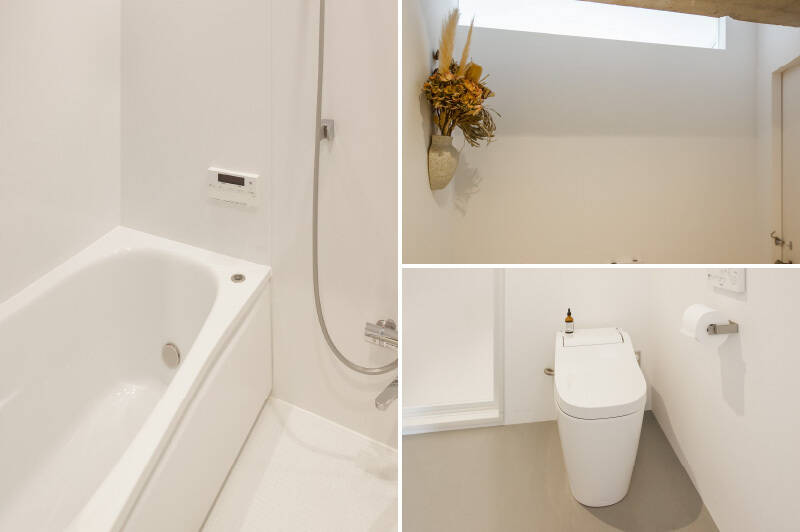 <b>左・</b>浴室乾燥機付きのバスルームは1316サイズ。／<b>右・</b>トイレと洗面室は一体で圧迫感がなく、上部の高窓から優しい自然光が入ります。