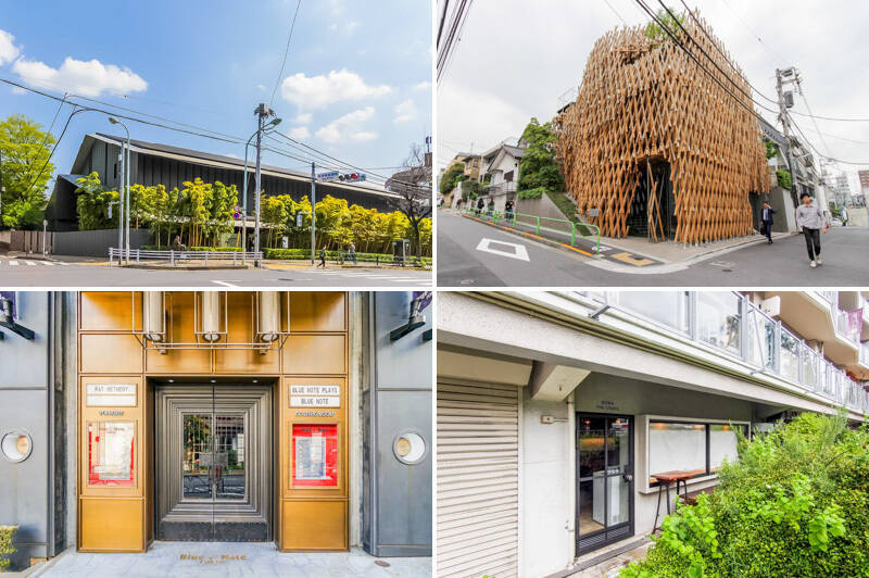 <b>左上・</b>日本をはじめとした東洋美術専門の「根津美術館」。モダンながら和の息吹を感じる敷地内を歩くだけで、優雅な気持ちに。カフェスペースもありますよ。（徒歩７分）／<b>右上・</b>ひと際目を惹くファサードは隈健吾氏デザインの「SunnyHills（サニーヒルズ）青山店」の建物。台湾発の甘酸っぱいパイナップルケーキの有名店です。（徒歩４分）／<b>左下・</b>骨董通りを少し入ったところにある老舗のジャズクラブ「BLUE NOTE TOKYO」。極上の音楽に酔いしれるひとときを味わえます。（徒歩９分）／<b>右下・</b>ソニア・パーク氏の手掛けるカフェ「DOWN THE STAIRS（ダウン ザ ステアーズ）」。お料理はもちろん、内装やカラトリー、食器までさすがのセレクト！ 随所にセンスが溢れるお店です。（徒歩７分）