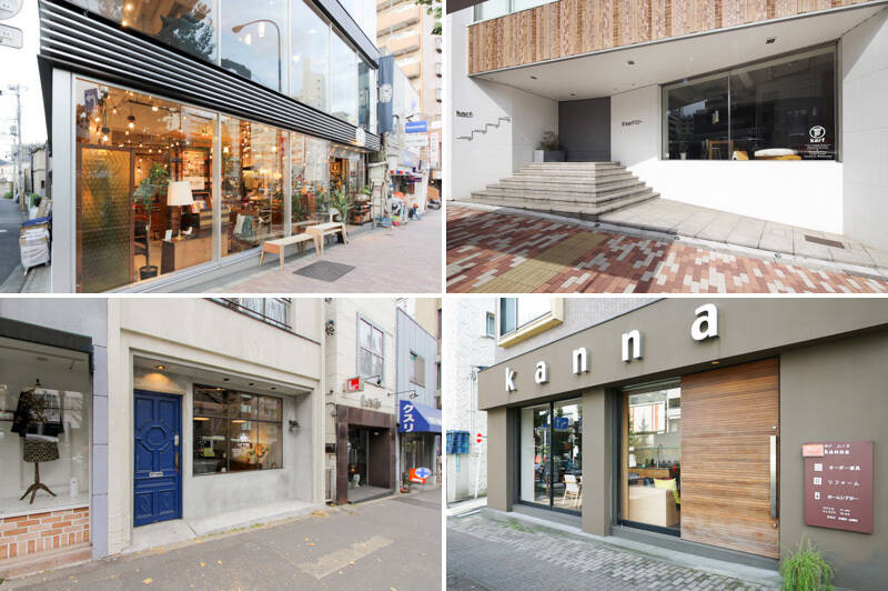 <b>左上・</b>渋谷、自由が丘にも店舗を構える「ACME FURNITURE（アクメファニチャー）目黒通り店」は、大鳥神社交差点のすぐ近くにあります。（徒歩４分）／<b>右上・</b>そのお隣にはオリジナルオーダー家具の企画・デザインを行う「karf（カーフ）」が。（徒歩４分）／<b>左下・</b>「Lewis（ルイス）」では北欧家具を扱っています。（徒歩４分）／<b>右下・</b>自社工房で家具を１点１点手作りする「kanna（カンナ）目黒店」は、細かなオーダーメイドにも対応しているそう。（徒歩２分）