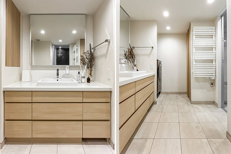 収納豊富な洗面脱衣室。白を基調としておりクリーンな印象です。浴室の手前にはタオルウォーマーを完備。