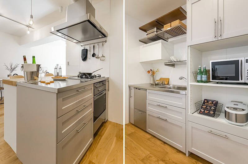作業スペースを広く確保したII型キッチン。オーブンに食洗機、カップボードまで完備した、贅沢な仕上がりです。