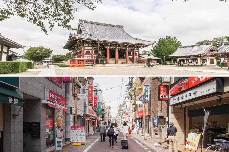 <b>上・</b>日蓮宗総本山「池上本門寺」。国指定重要文化財を多数保有する、由緒あるお寺です。（徒歩10分）／<b>下・</b>「池上」駅と物件の間にある「池上駅前通り商店街」。50年以上前から続く商店街で、地元で愛されているお店がずらりと並びます。（徒歩９分）