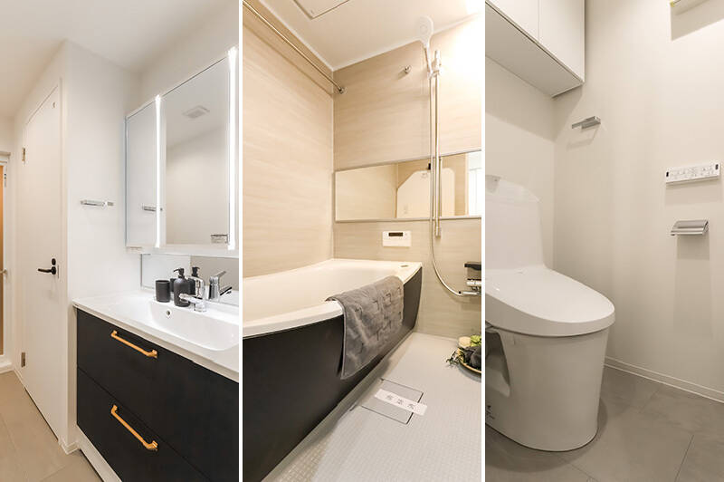 <b>左・</b>小窓付きの洗面室。／<b>中央・</b>ユニットバスは奥行きを感じる1316サイズを採用。浴室乾燥機付きです。／<b>右・</b>トイレは洗面室からアクセスする間取り。