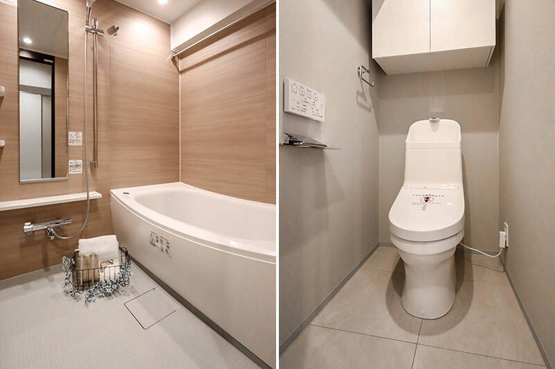 <b>左・</b>1317サイズのバスルーム。／<b>右・</b>トイレの床はタイル貼りで清掃性◎