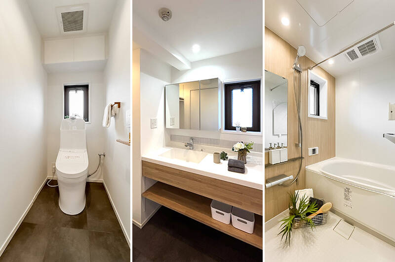 <p><b>左・</b>トイレは戸棚付き。／<b>中央・</b>ミラーボックス付きの洗面台。／<b>右・</b>バスルームは大きめの1418サイズ。</p>