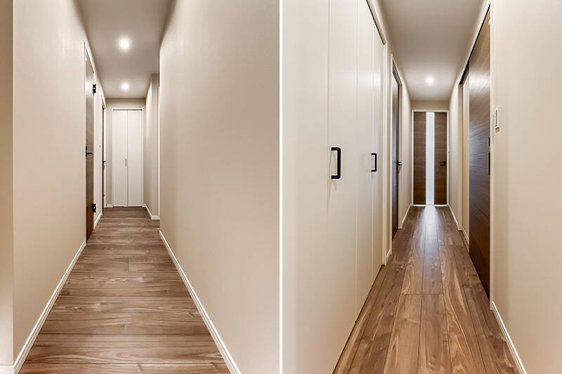 廊下はＬ字型。扉付きの可動棚が３か所（！）に備わっていて、掃除道具などをスムーズに収納できます。
