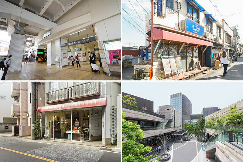 <b>左上・</b>東急田園都市線の各停駅「二子新地」が最寄り。東口前にはスーパー「富士ガーデン 二子新地駅前店」があって便利です。（徒歩８分）／<b>左下・</b>アットホームな空間で気軽に本場フレンチがいただける「ARTISAN MAKOTO（アルチザン マコト）」。（徒歩６分）／<b>左下・</b>「PATISSERIE EDO.HIBINO（パティスリー エドヒビノ）」は小ぢんまりとした街のケーキ屋さん。（徒歩７分）／<b>右下・</b>二子橋か新二子橋で多摩川を渡れば、「二子玉川ライズ・ショッピングセンター」まで徒歩15分！