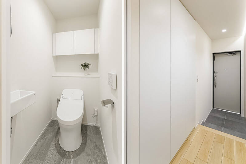<b>左・</b>手洗いボウルと収納付きのトイレ。／<b>右・</b>壁と一体化していますが、下足入れは扉３枚分の大容量です。