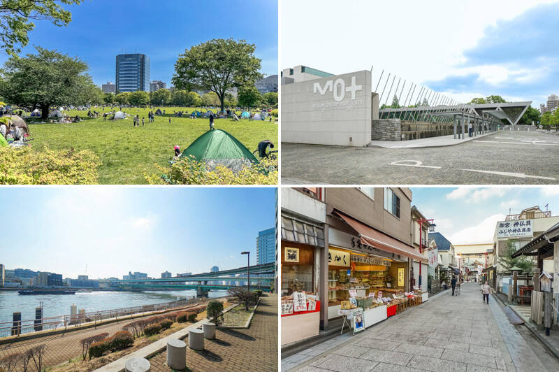 <b>左上・</b>約24万㎡の広大な敷地を誇る「木場公園」。園内にはテニスコートやバーベキュー場など充実した施設が揃っています。（徒歩11分）／<b>右上・</b>木場公園に隣接する「東京都現代美術館」。さまざまな企画展を気軽に見に行くことができるので、この街に住む楽しさをより感じられそうですね◎（徒歩12分）／<b>左下・</b>ちょっとした息抜きをしたいときは隅田川河川敷に行ってみては？（徒歩12分）／<b>右下・</b>下町情緒溢れる “門前仲町エリア” も徒歩圏内。（徒歩10分）
