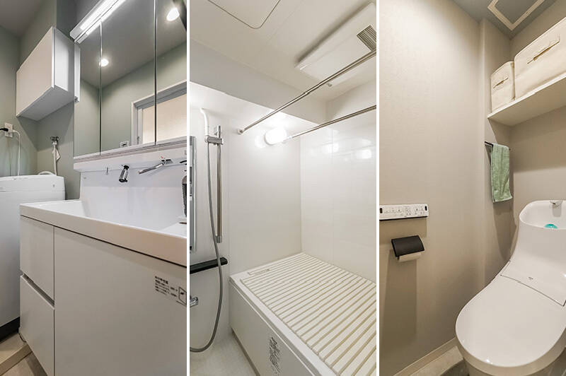 <b>左・</b>洗面室はライトブルーでさわやかな印象。／<b>中央・</b>浴室は1216サイズ。乾燥機・追焚き機能付きです。／<b>右・</b>トイレは廊下からアクセスする間取り。