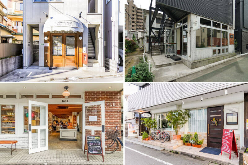 <b>左上・</b>「Boulangerie BONNET D’ANE（ブーランジェリー ボネダンヌ）」は、フランスで修行したオーナーシェフによる人気店。オーダーを受けてからバゲットに具を挟むサンドイッチは、朝食にもランチにも◎（徒歩２分）／<b>右上・</b>自家焙煎珈琲店「Tokyo Coffee Lab.（トウキョウコーヒーラボ）」では、エスプレッソと焼き菓子がマスト！（徒歩13分）／<b>左下・</b>門前仲町で有名なパン屋さんの二号店「TruffleBAKERY（トリュフベーカリー）三軒茶屋」。白トリュフをふんだんに使った塩パンが人気です。（徒歩11分）／<b>右下・</b>「Lien（リアン）」は、カジュアルな雰囲気の中で本格フレンチをいただける名店。（徒歩８分）
