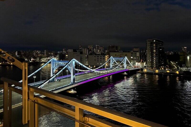 夜には東側に架かる清洲橋のライトアップや、屋形船が行き交う風情ある景色が楽しめます！（写真：売主様提供）