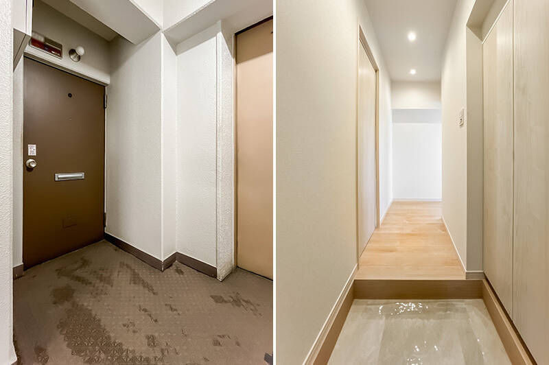 <b>左・</b>エレベーターを降りるとすぐ右手に住戸の玄関ドアがあります。／<b>右・</b>玄関土間には下足入れを完備。