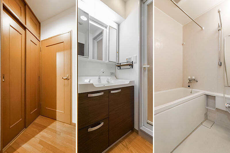 <b>左・</b>床から天井まである大容量収納がドドン。左手にハンガーパイプ、右手に可動棚が備わっています。右手の扉を開けて水まわりへ。／<b>中央・</b>ミラーキャビネット付きの洗面台。背後に洗濯機置き場があります。／<b>右・</b>浴室乾燥機付きのバスルーム。