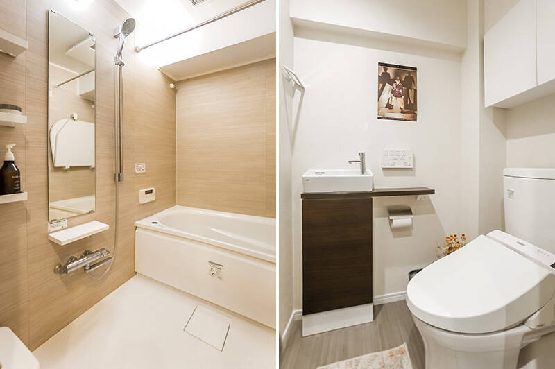 <b>左・</b>浴室は換気乾燥・追焚き・暖房機能を完備。／<b>右・</b>手洗いカウンター付きのトイレ。