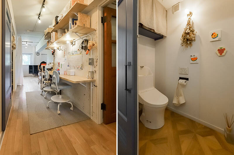 <p><b>左・デスクカウンター付きの廊下</b>。廊下というよりまるでひとつの空間のよう。／<b>右・</b>空間効率を考慮して、引き戸で仕切られたトイレ。パーケット貼りの床が可愛い！</p>