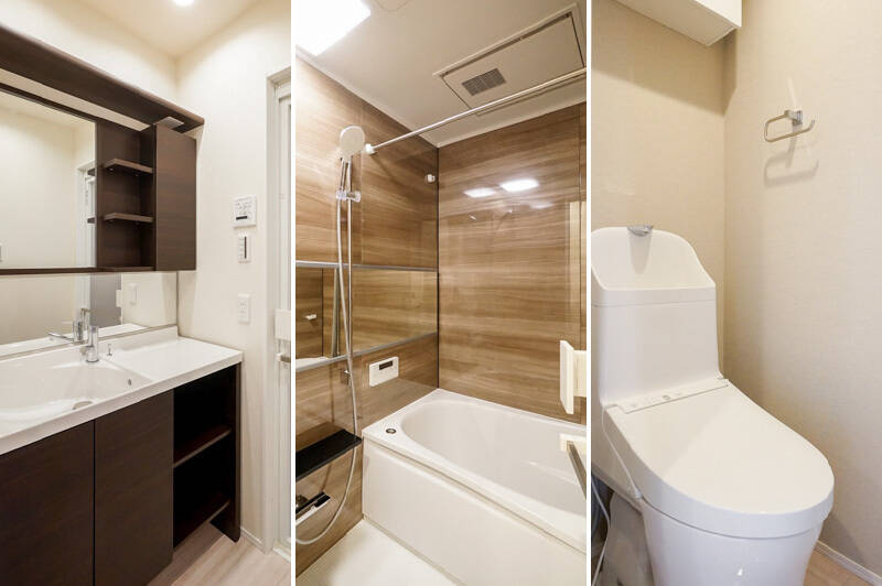 <b>左・</b>キッチンと同じく、濃い木目調の洗面化粧台。／<b>中央・</b>ユニットバスは追い焚き機能、浴室乾燥機付き。／<b>右・</b>トイレは玄関横に独立しています。