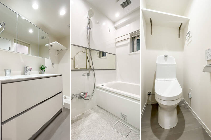 <b>左・</b>洗面台は、ファミリーでも使いやすいワイドタイプ。横には棚付きの洗濯機置き場があります。／<b>中央・</b>浴室乾燥機付きのバスルーム。／<b>右・</b>トイレはシンプルなデザイン。