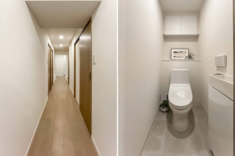 <b>左・</b>LDKの扉を背にして、玄関側を見たカット。洋室・水まわりなど、LDK以外には廊下からアクセスする間取りです。／<b>右・</b>トイレは、上部棚・ニッチ収納・独立手洗い器付き。