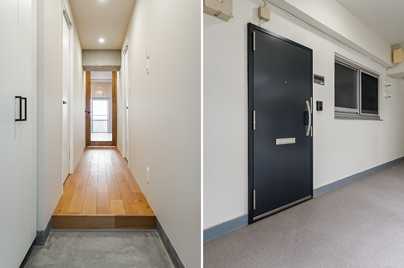 <b>左・</b>玄関まわりには天井いっぱいの高さがある下足入れのほか、廊下に掃除道具などの置き場にピッタリな収納があります。／<b>右・</b>玄関扉は二重ロック式です。