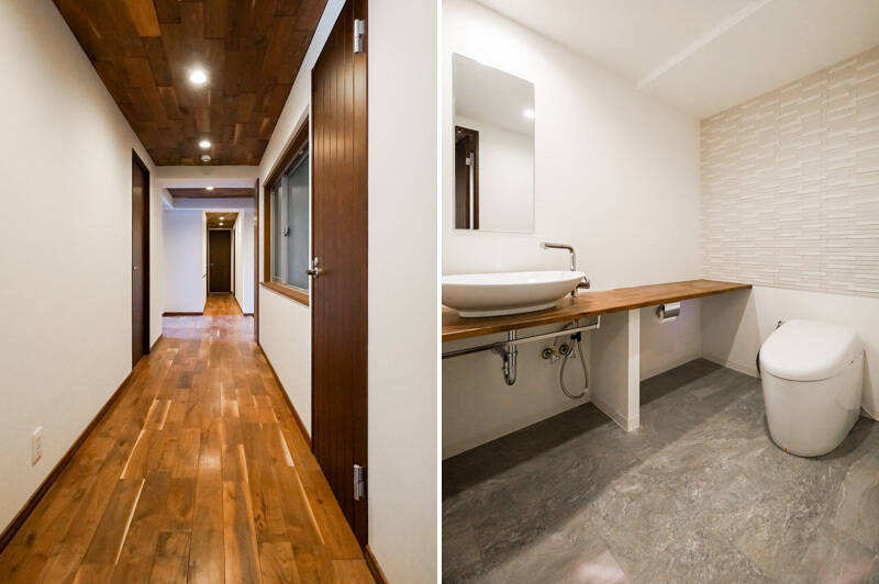 <b>左・</b>長い廊下には、各居室やメインの水まわりの扉がズラリと並んでいます。／<b>右・</b>手洗いカウンター付きのトイレ。