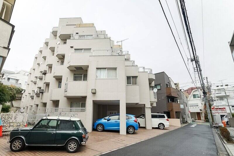 都営大江戸線<b>「若松河田」駅から歩くこと５分</b>。閑静な住宅街の中に建つ、1978年築、全19戸のマンションです。