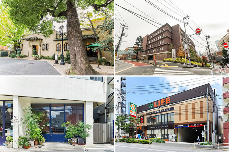 <b>左上・</b>駅の河田口すぐ横にあるのが<b>「小笠原伯爵邸」</b>。現在はスペイン料理のレストランになっています。（徒歩５分）／<b>右上・</b>４階の共用廊下から見えた<b>「東京女子医科大学病院」</b>。いざという時も安心です。（徒歩４分）／<b>左下・</b>駅の若松口の横には<b>「CAFE Vogue Ruby」</b>。ランチタイムにはカレーやパスタ、ハンバーグなど、定番の洋食をいただけます。（徒歩６分）／<b>右下・</b>駅近くにスーパー<b>「ライフ 若松河田駅前店」</b>があって便利。（徒歩６分）