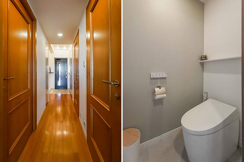 <b>左・</b>LDKを背にして玄関を見たカット。ドアの意匠にもクラシックなムードが漂います。左側がふたつの洋室と収納、右側がトイレと水まわりです。／<b>右・</b>トイレはリノベーションでシンプルモダンなテイストに。便器の反対側に手洗い器が備わっています。