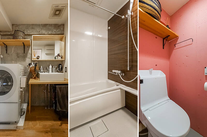 <b>左・</b>ゆとりある広さを確保した洗面室。躯体と木の質感がgood！／<b>中央・</b>1216サイズのバスルームは浴室乾燥機付きです。／<b>右・</b>コーラルピンクの塗装がイイ！ 住まいの隅々まで素材感を楽しめます。