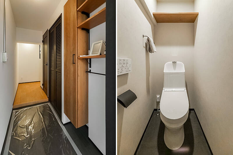 <b>左・</b>玄関には収納棚のほか、傘などを収納できるアイアンバーが設置されています。ルーバー扉の奥は電気温水器置き場、その隣はトイレです。／<b>右・</b>トイレはシンプルで使いやすそうなデザイン。