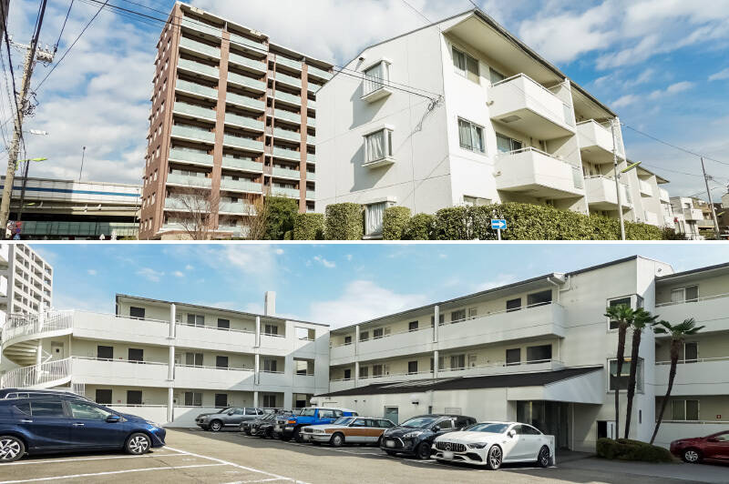 国道246号線から住宅街へ入った先に建つ、白い外壁のマンション。<b>地上３階建て、総戸数26戸と小規模</b>で、三角屋根がチャームポイント。広い平置き駐車場やエントランス前の椰子の木（？）も相まって、まるでMOTEL（モーテル）のよう！