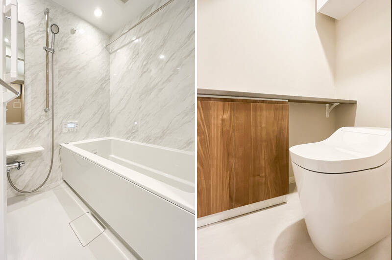 <b>左・</b>手洗いカウンター付きのトイレはスッキリとした印象。／<b>右・</b>バスルームには浴室乾燥機・追い焚き機能付きです。