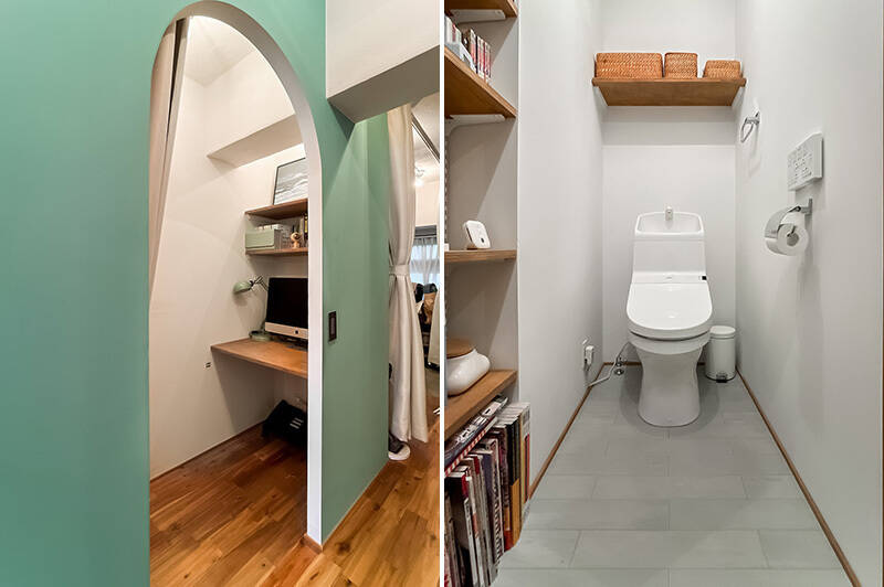 <b>左・</b>気分が明るくなるようなグリーンの壁！ アーチの開口の内部は、両側に棚を備えたワークスペースです。／<b>右・</b>トイレにもオープンラックを完備。お気に入りの雑誌や小物を飾ってくださいね。