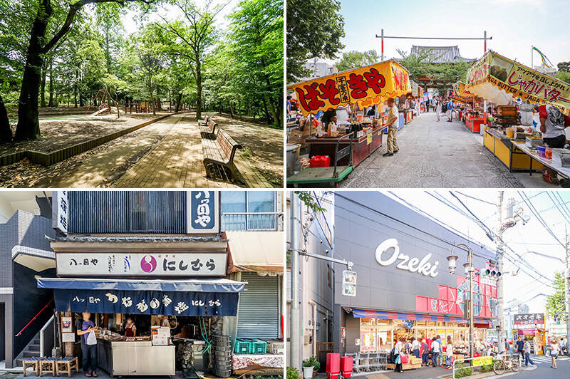 <b>左上・</b>この街の魅力を豊かにしてくれている「<b>林試の森公園</b>」。もと林業試験場というだけあって、一周45分ほどの広さ！ アスレチックもあるので、お子さまの遊び場にもピッタリです。（徒歩２分）／<b>右上・</b>「目黒不動」の名で知られる「<b>龍泉寺</b>」ではイベントや縁日が毎月開かれていて、いつもとても賑やか！（徒歩２分）／<b>左下・</b>「龍泉寺」の参道は商店街となっています。こちらはうなぎのいい香りが漂う、老舗「<b>にしむら</b>」。（徒歩４分）／<b>右下・</b>スーパー「<b>オオゼキ 目黒不動前店</b>」は駅からの帰り道にあるので、日々気軽に利用できそう。（徒歩９分）