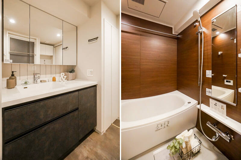 <b>左・</b>洗面化粧台は横幅が広く、メイクスペースが確保されていてとっても使いやすそう◎ 奥の壁にタイルが縦貼りされているのもおしゃれです！／<b>右・</b>浴室乾燥機を完備したバスルーム。ほんのり余裕の漂う1317サイズです。