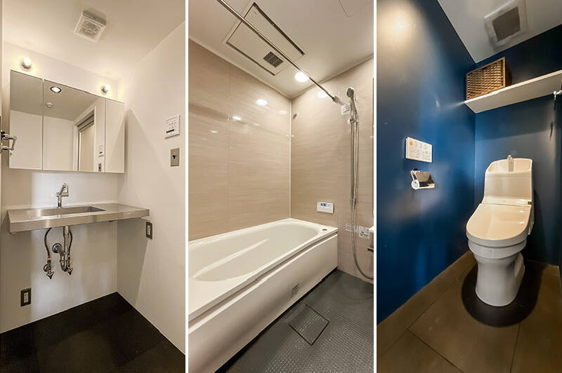 <b>左・</b>ステンレス製の洗面ボウルは無機質でかっこいい。／<b>中央・</b>バスルームには浴室換気乾燥機を完備しています。／<b>右・</b>室内で唯一差し色が使われているトイレは、心を落ち着かせてくれるネイビーブルー。